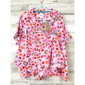 Chelsea Peers Womens 22 Plus Pink Rainbow Button Up Top Shorts PJ Sleep Set NWT